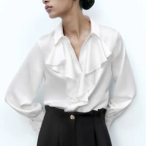 Zara White Satin Ruffle Blouse
